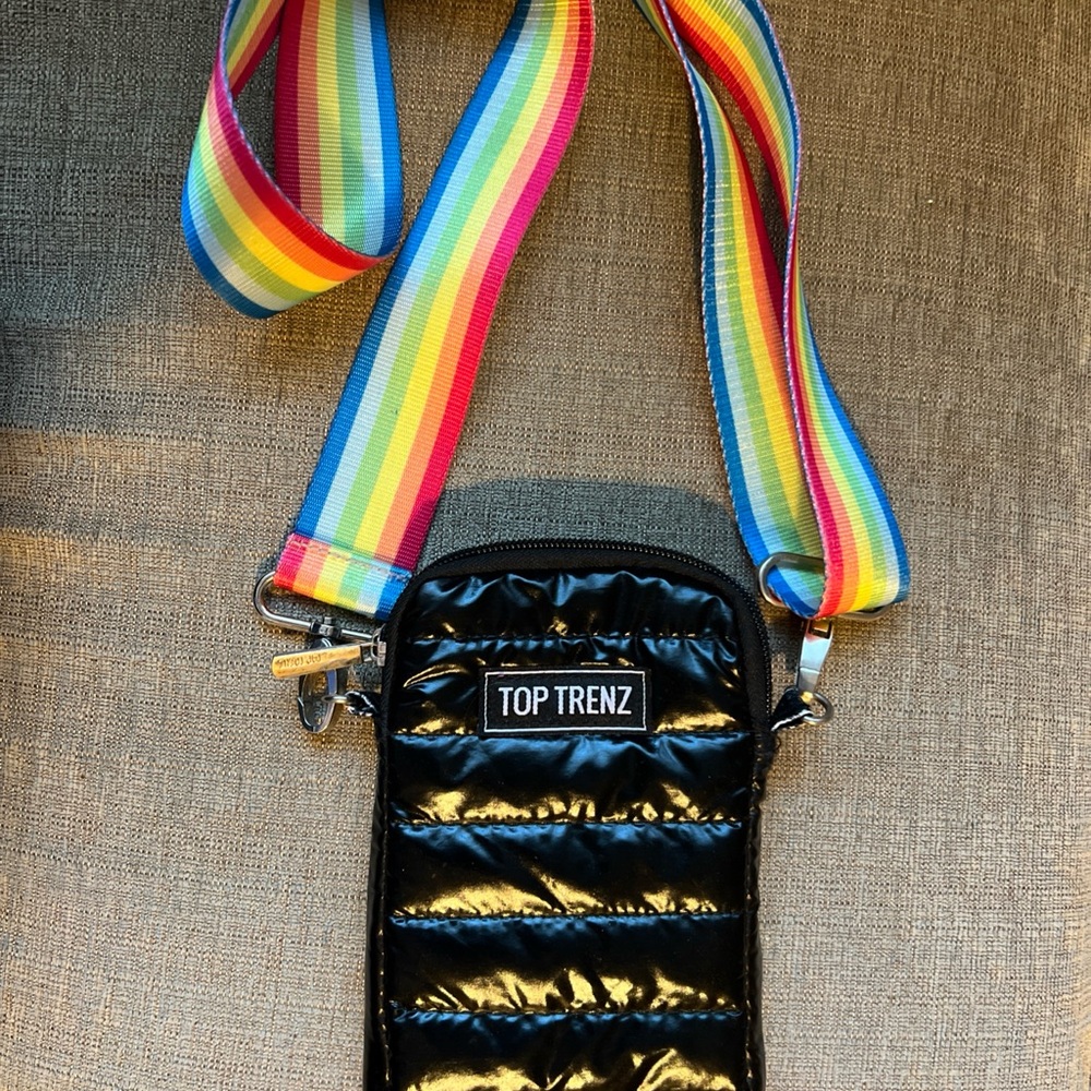 Top Trenz Black Crossbody Bag with Rainbow Strap